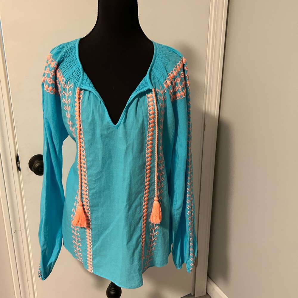 Lily Pulitzer Embroidered Turquoise and Peach Women's Top.
